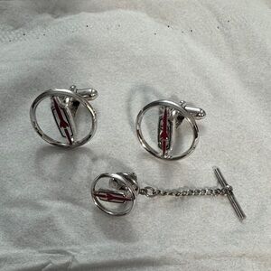 Vintage Oldsmobile Silver and Red Cufflinks and Tie Tack Set